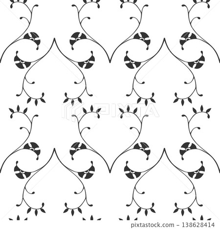 minimalist pattern with black hand-drawn floral vines forming heart shapes on white background. Elegant botanical line art for modern textile, wallpaper, and organic branding design minimalist pattern with black hand-drawn floral vines forming heart shapes on white background. Elegant botanical line art for modern textile, wallpaper, and organic branding design 138628414