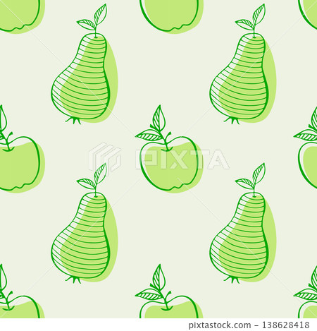 pattern with hand-drawn minimalist apples and pears in green line art style on light background. Fresh fruit texture for organic food packaging, kitchen textiles and nursery decor 138628418