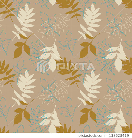 Scandinavian-style pattern with minimalist leaf silhouettes in ochre, cream, and teal line art on a beige background. Versatile botanical texture for home decor, textile design, and organic product 138628419