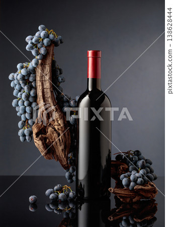 Bottle of red wine with a weathered snag and blue grapes on a black reflective background. Bottle of red wine with a weathered snag and blue grapes on a black reflective background. 138628444