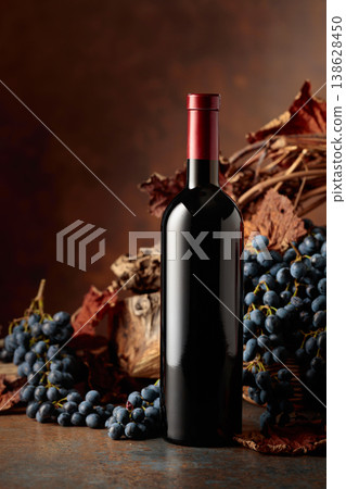 Bottle of red wine with blue grapes on a brown background. Bottle of red wine with blue grapes on a brown background. 138628450