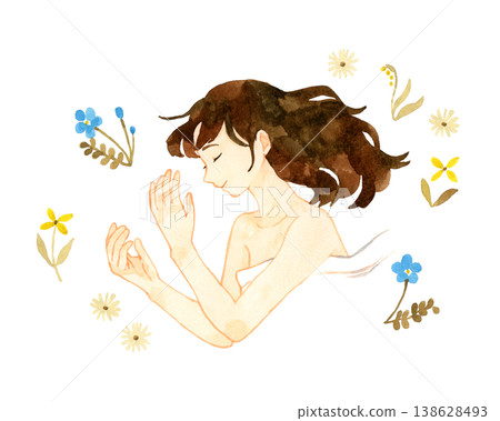 一位年輕女子安詳地睡著了，周圍環繞著鮮花和植物——手繪水彩插圖。 138628493