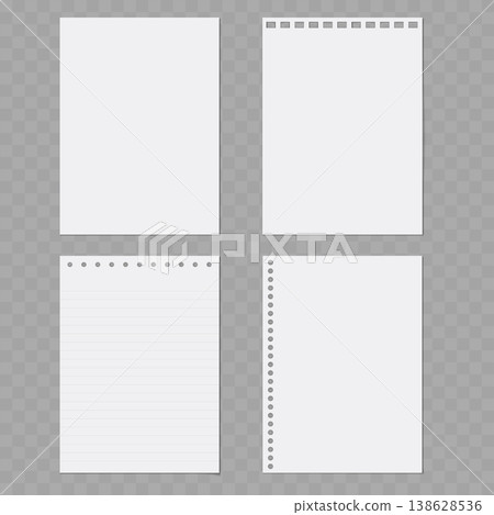 06.04.2026Realistic Blank Paper Sheet Mockup Set. Vector Punched, Lined and Perforated Notebook Pages with Shadow. 138628536