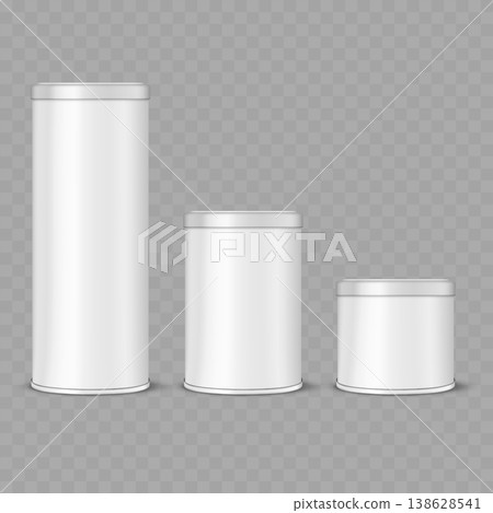 Realistic White Cylinder Tube Mockup Set. Vector Blank Cardboard Packaging Cans with Metal Lids. 138628541