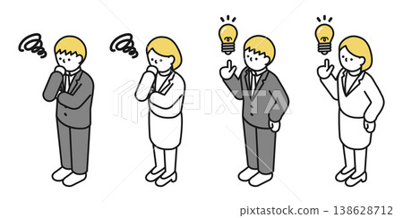 Isometric illustration: Man and woman coming up with an idea; man and woman thinking (in suits) Isometric illustration: Man and woman coming up with an idea; man and woman thinking (in suits) 138628712