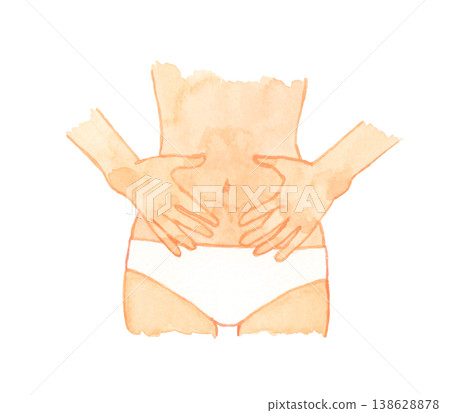 A woman in underwear with both hands on her stomach (faceless) - Hand-drawn watercolor illustration of the human body/body parts. 138628878