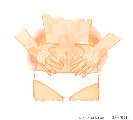 A woman in underwear with both hands on her stomach (faceless) - Hand-drawn watercolor illustration of the human body/body parts. A woman in underwear with both hands on her stomach (faceless) - Hand-drawn watercolor illustration of the human body/body parts. 138628914