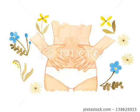 A woman in underwear with both hands on her stomach (faceless) - Hand-drawn watercolor illustration of the human body/body parts. A woman in underwear with both hands on her stomach (faceless) - Hand-drawn watercolor illustration of the human body/body parts. 138628915