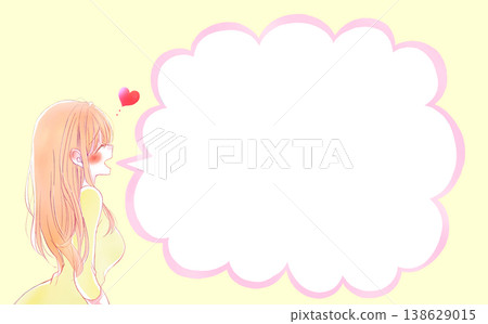 Smiling woman, romance, cloud-shaped speech bubble, horizontal format Smiling woman, romance, cloud-shaped speech bubble, horizontal format 138629015