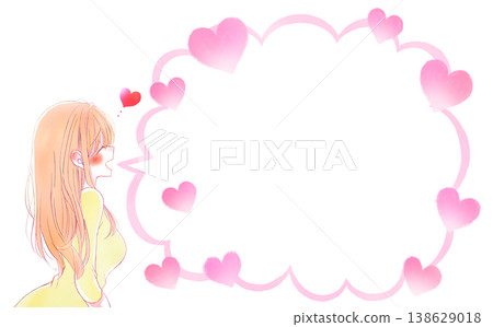 Smiling woman, romance, cloud-shaped speech bubble, horizontal, heart Smiling woman, romance, cloud-shaped speech bubble, horizontal, heart 138629018