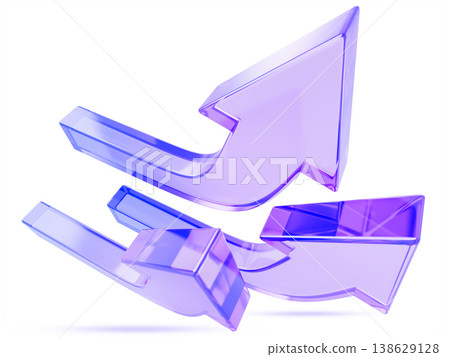 Holographic glass curved 3D arrows move up. Render crystal pointers top view, purple blue gradient speed lines, upward movement. Business growth icon, forward direction symbols. 3D illustration 138629128