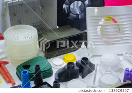 Different plastic products. Products made of multi-colored plastic. Models set of various products details made of plastic. Multicolored objects Different plastic products. Products made of multi-colored plastic. Models set of various products details made of plastic. Multicolored objects 138629397