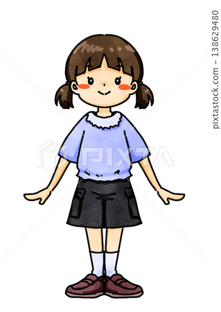 A young elementary school girl, dressed in a purple tunic, stands there looking very prim and proper. A young elementary school girl, dressed in a purple tunic, stands there looking very prim and proper. 138629480