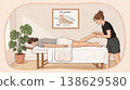Illustration of a female therapist massaging a woman lying on a table in a room with a foot anatomy poster, clinical reflexology, therapeutic wellness. 138629580
