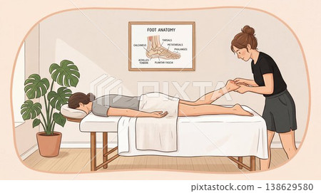 Illustration of a female therapist massaging a woman lying on a table in a room with a foot anatomy poster, clinical reflexology, therapeutic wellness. Illustration of a female therapist massaging a woman lying on a table in a room with a foot anatomy poster, clinical reflexology, therapeutic wellness. 138629580