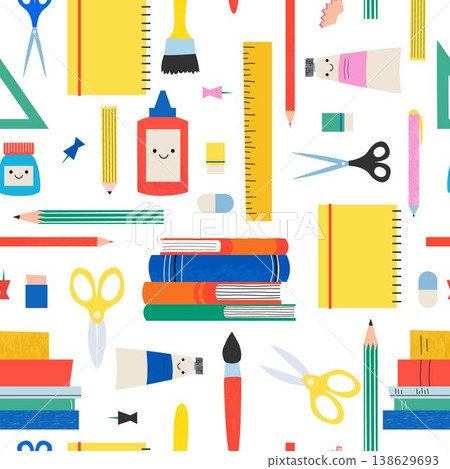 Back to School Seamless Pattern Kids School Supplies Cute Stationery Background Education Flat Design 138629693