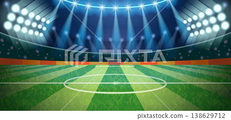 High-energy indoor football arena with bright spotlights and a lush green pitch. Perfect for sports tournament backgrounds and championship event promotions. High-energy indoor football arena with bright spotlights and a lush green pitch. Perfect for sports tournament backgrounds and championship event promotions. 138629712