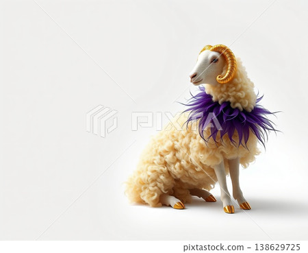 白色背景上的金色號角和紫色項鍊，象徵中國十二生肖中的羊年（2027年）。 138629725