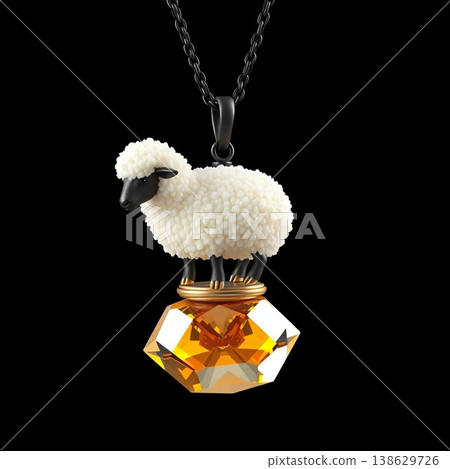 以綿羊為主題的珠寶項鍊，黑色背景，採用奢華珠寶材質。 138629726