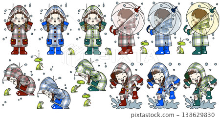 一位綁著辮子的女孩穿著格子雨衣在雨中玩耍（PNG格式，透明背景） 138629830