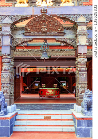 Entrance to a traditional temple building in Nanshan Park, Sanya, Hainan, China. 138629832