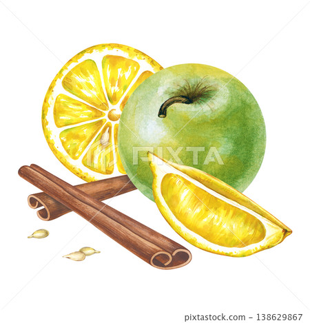 Hand-painted watercolor illustration of a fresh green apple, lemon slice, a juicy citrus wedge, and aromatic cinnamon sticks isolated on a white background. Vibrant botanical composition captures the Hand-painted watercolor illustration of a fresh green apple, lemon slice, a juicy citrus wedge, and aromatic cinnamon sticks isolated on a white background. Vibrant botanical composition captures the 138629867