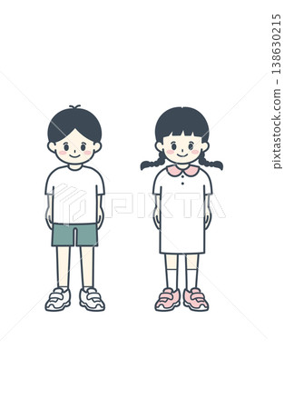 簡單的插圖,描繪了穿著休閒服裝的學齡前男孩和女孩,採用站立姿勢。 簡單的插圖,描繪了穿著休閒服裝的學齡前男孩和女孩,採用站立姿勢。 138630215