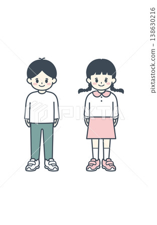 學齡前男孩女孩穿著休閒服裝,簡單的日常插圖,站立姿勢。 學齡前男孩女孩穿著休閒服裝,簡單的日常插圖,站立姿勢。 138630216
