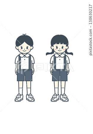 穿著背帶褲的學齡前男孩女孩——簡單的站立插圖。 138630217