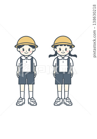 學齡前兒童、幼兒園兒童,上學途中,戴著帽子,簡單的兒童插畫,站立姿勢。 學齡前兒童、幼兒園兒童,上學途中,戴著帽子,簡單的兒童插畫,站立姿勢。 138630218
