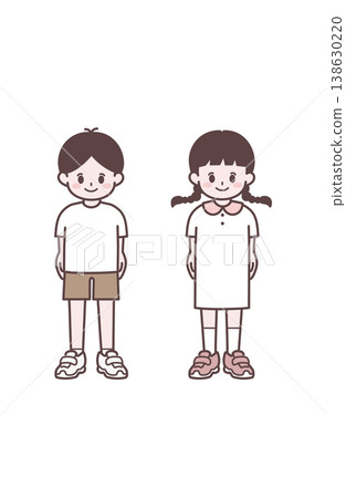 簡單的插圖，描繪了穿著休閒服裝的學齡前男孩和女孩，採用站立姿勢。 138630220