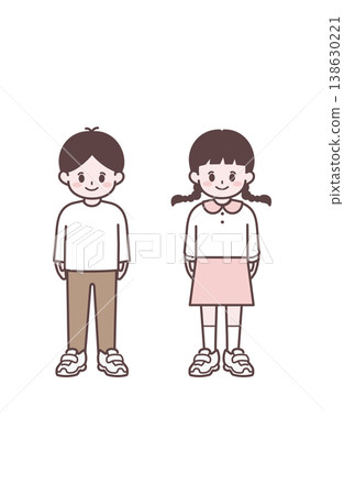 學齡前男孩女孩穿著休閒服裝,簡單的日常插圖,站立姿勢。 學齡前男孩女孩穿著休閒服裝,簡單的日常插圖,站立姿勢。 138630221