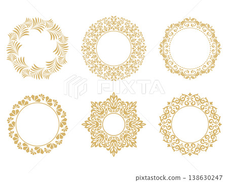 Set of decorative frames Elegant vector element for design in Eastern style, place for text. Floral golden and white frames. Lace illustration for invitations and greeting cards Set of decorative frames Elegant vector element for design in Eastern style, place for text. Floral golden and white frames. Lace illustration for invitations and greeting cards 138630247