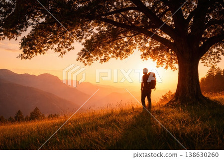 Hiker standing under tree at sunset overlooking mountains landscape Hiker standing under tree at sunset overlooking mountains landscape 138630260