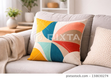 Modern colorful decorative pillow on sofa cozy living room interior design Modern colorful decorative pillow on sofa cozy living room interior design 138630274