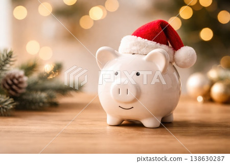 Piggy bank with Santa hat symbolizing holiday savings and finance Piggy bank with Santa hat symbolizing holiday savings and finance 138630287