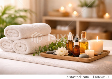 Spa wellness setup with towels candles and essential oils 138630305