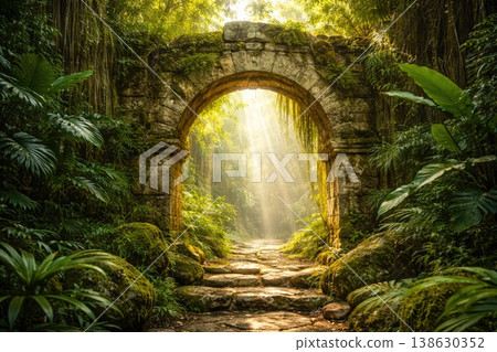 Ancient stone arch in lush jungle with sunlight rays and tropical greenery Ancient stone arch in lush jungle with sunlight rays and tropical greenery 138630352