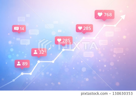 Social media engagement growth concept with likes followers and rising graph Social media engagement growth concept with likes followers and rising graph 138630353