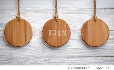 Set of Three Blank Round Wooden Tags Hanging on Rope , Label, Branding, or Craft Concept 138630668