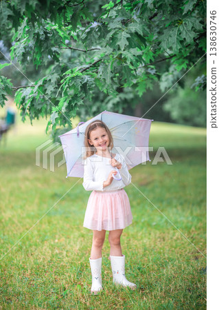 Little girl smiling and standing calmly under an umbrella near a tree on a rainy day. A balanced moment of happiness and quiet presence in a natural outdoor setting. Little girl smiling and standing calmly under an umbrella near a tree on a rainy day. A balanced moment of happiness and quiet presence in a natural outdoor setting. 138630746