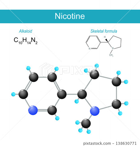 Nicotine molecule. Molecular chemical structural formula and model of Alkaloid in tobacco. Nicotine molecule. Molecular chemical structural formula and model of Alkaloid in tobacco. 138630771