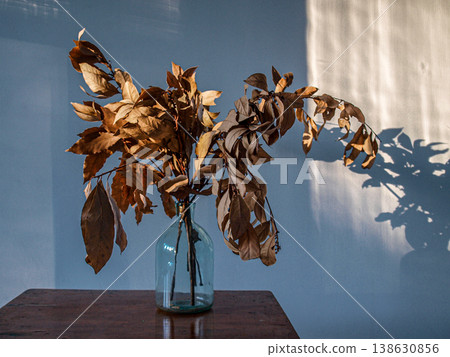 Still life with a green bottle and laurel branches 138630856