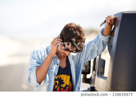 Roadside assistance, phone call and man by car in conversation, travel or journey outdoor. Smartphone, help and person with truck breakdown, transportation insurance or emergency problem on road trip 138630875