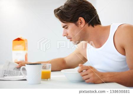 Home, relax and man with breakfast, newspaper and information with food, smile and juice. Happy person, apartment and guy with health, morning meal and kitchen with newsletter, wellness and reading Home, relax and man with breakfast, newspaper and information with food, smile and juice. Happy person, apartment and guy with health, morning meal and kitchen with newsletter, wellness and reading 138630881