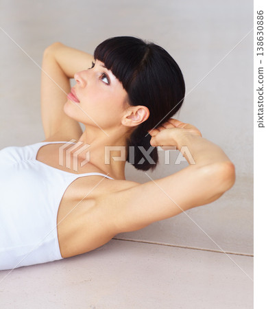 Fitness, sit up or woman training in home for abdominal exercise, activity or strong stomach muscles. Apartment, calisthenics or healthy athlete in body workout routine for abs wellness on floor Fitness, sit up or woman training in home for abdominal exercise, activity or strong stomach muscles. Apartment, calisthenics or healthy athlete in body workout routine for abs wellness on floor 138630886