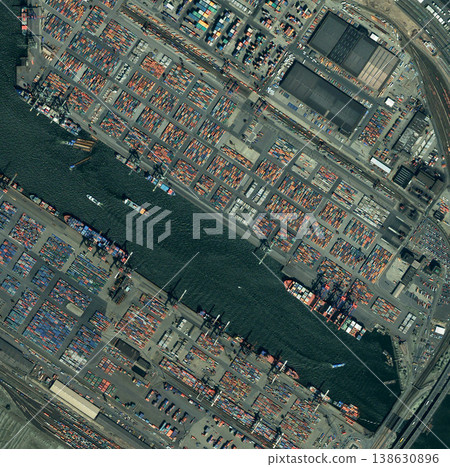City, harbor and aerial of ship in dock for landscape, environment and boat on water. Geography, drone and satellite, top view and atmosphere of sea transport, nature and shipyard for distribution 138630896