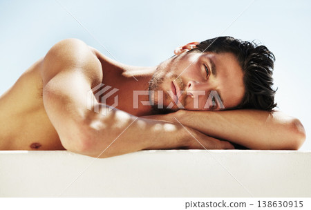 Handsome man, portrait and face in relax for beauty, skincare or vitamin D from the sun. Attractive male person or model relaxing or lying for spa treatment, health and wellness on mockup space Handsome man, portrait and face in relax for beauty, skincare or vitamin D from the sun. Attractive male person or model relaxing or lying for spa treatment, health and wellness on mockup space 138630915