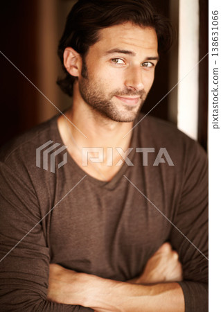 Portrait, fashion and happy man with arms crossed in home, apartment or house in Spain. Style, confidence and face of handsome, positive or attractive person smile in casual clothes, trendy and cool Portrait, fashion and happy man with arms crossed in home, apartment or house in Spain. Style, confidence and face of handsome, positive or attractive person smile in casual clothes, trendy and cool 138631066