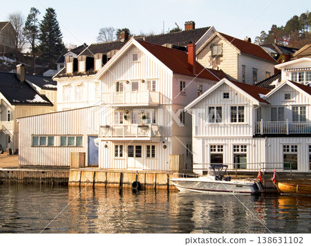 Facade, water and home by lake in Norway, Europe and boat for tourism, travel or vacation. Exterior, house and Scandinavian building by river, vintage architecture or traditional property real estate Facade, water and home by lake in Norway, Europe and boat for tourism, travel or vacation. Exterior, house and Scandinavian building by river, vintage architecture or traditional property real estate 138631102